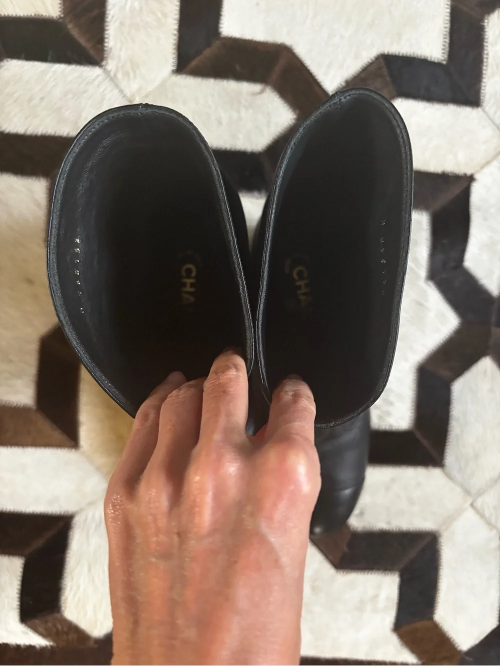 CHANEL Black Leather Low-Calf Buckle Heeled Boots